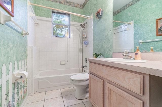 full bath featuring wallpapered walls, toilet, shower / bath combination, tile patterned floors, and vanity