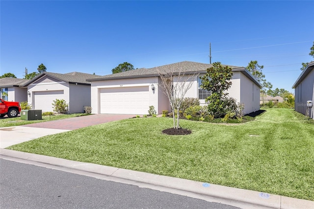 single story home featuring a front yard, roof with shingles, stucco siding, decorative driveway, and a garage