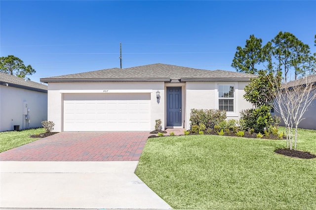 ranch-style home with stucco siding, a front lawn, decorative driveway, roof with shingles, and an attached garage