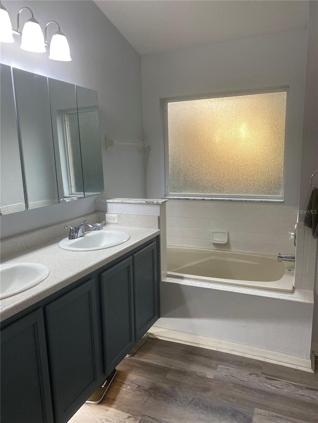 bathroom with a sink, double vanity, wood finished floors, and a tub