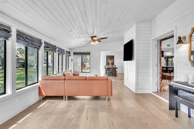 sunroom / solarium featuring vaulted ceiling, wooden ceiling, and ceiling fan