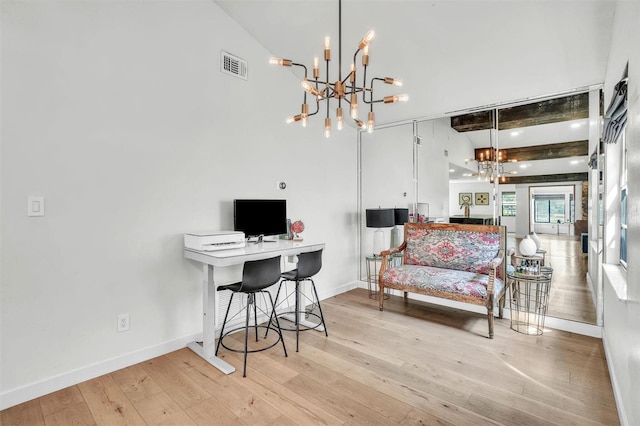 interior space with visible vents, beam ceiling, a notable chandelier, wood-type flooring, and baseboards