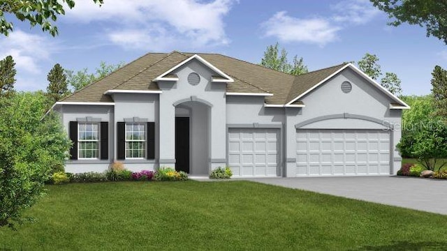 ranch-style house featuring concrete driveway, a garage, a front yard, and stucco siding