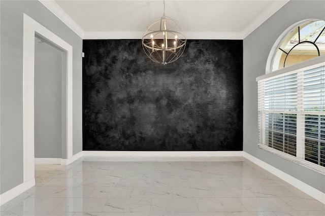 unfurnished dining area with marble finish floor, an accent wall, and baseboards