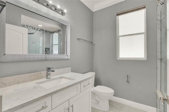 bathroom featuring marble finish floor, a marble finish shower, toilet, vanity, and baseboards