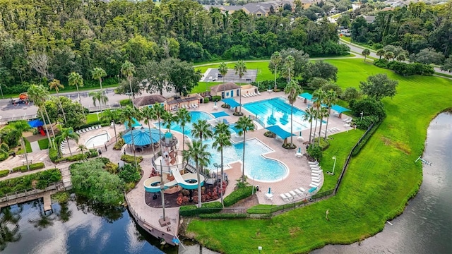 drone / aerial view with a water view