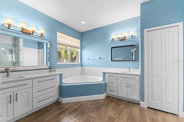 bathroom featuring wood finish floors, two vanities, a sink, and a shower stall