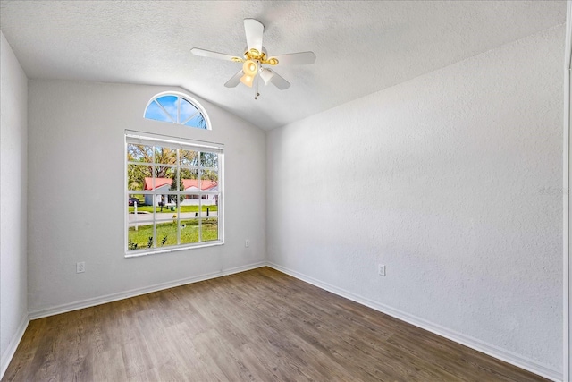 unfurnished room featuring lofted ceiling, dark wood-type flooring, a textured ceiling, and a wealth of natural light