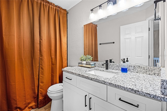 bathroom with toilet, vanity, and a textured wall