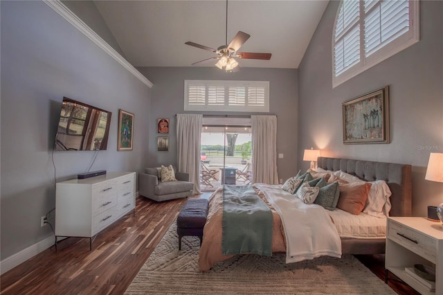 bedroom featuring wood finished floors, baseboards, high vaulted ceiling, ceiling fan, and access to exterior