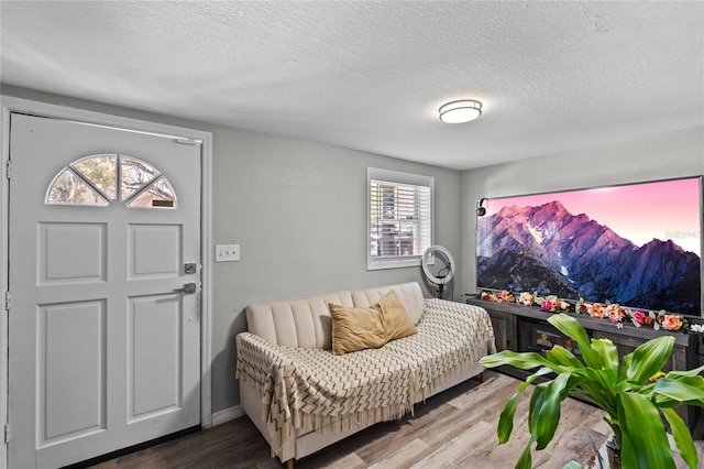 entryway with a textured ceiling and wood finished floors