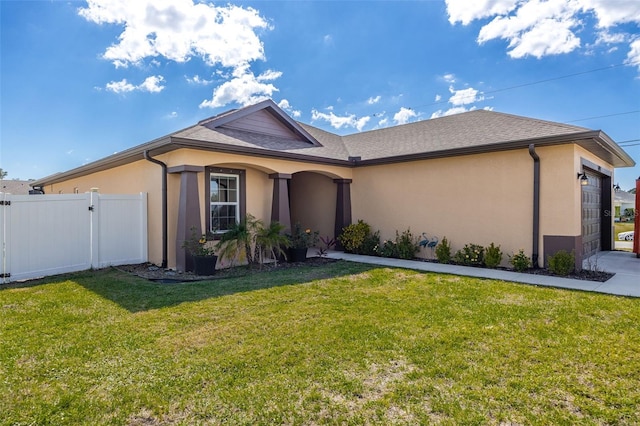 ranch-style house featuring an attached garage, fence, a gate, stucco siding, and a front lawn