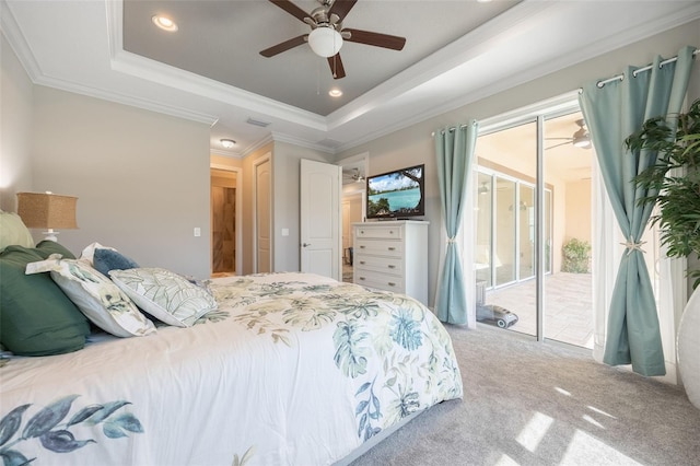 carpeted bedroom with ceiling fan, recessed lighting, access to outside, a raised ceiling, and crown molding