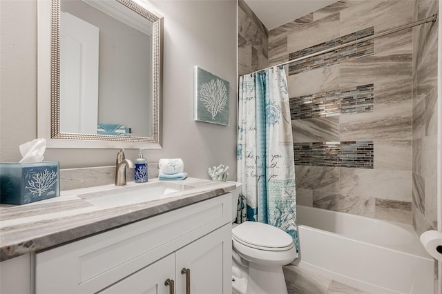 bathroom featuring vanity, toilet, and shower / tub combo with curtain