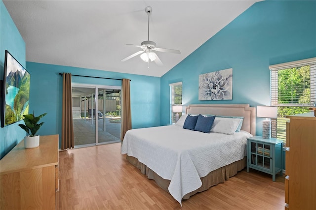 bedroom featuring light wood-style floors, ceiling fan, high vaulted ceiling, and access to outside