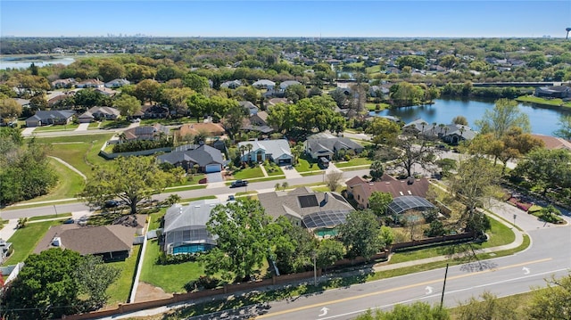 aerial view featuring a residential view and a water view