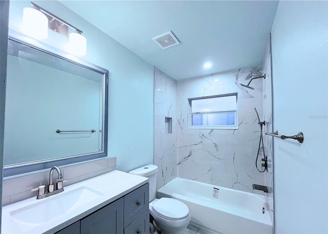 full bath featuring visible vents, toilet, bathtub / shower combination, and vanity