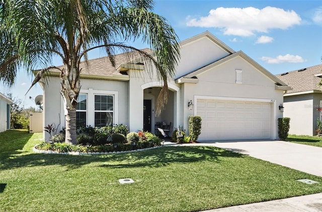 view of front of house featuring stucco siding, a front yard, an attached garage, and driveway