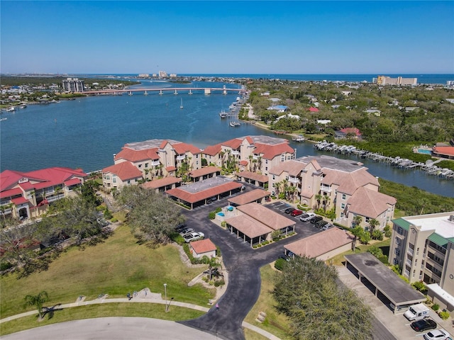 aerial view featuring a residential view and a water view