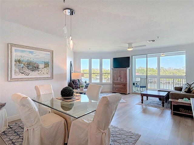 dining room with visible vents, light wood-style floors, a healthy amount of sunlight, and a textured ceiling