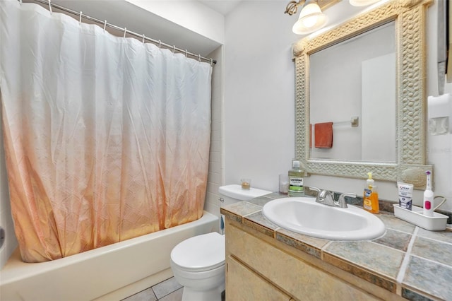 bathroom with shower / bath combo, vanity, toilet, and tile patterned floors