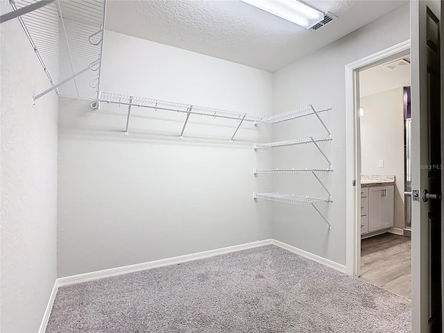 walk in closet with visible vents and light colored carpet