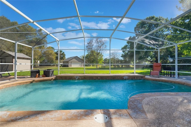 outdoor pool featuring glass enclosure, a storage shed, a lawn, and an outdoor structure