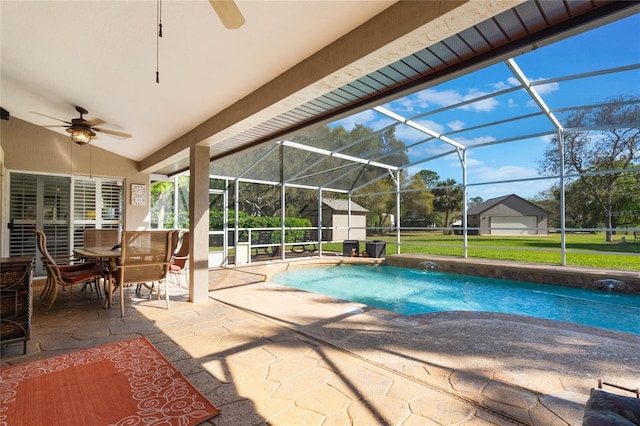 outdoor pool featuring ceiling fan, glass enclosure, an outdoor structure, a patio area, and a storage unit