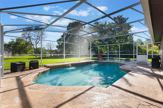 outdoor pool with a lanai, a yard, a patio area, and cooling unit