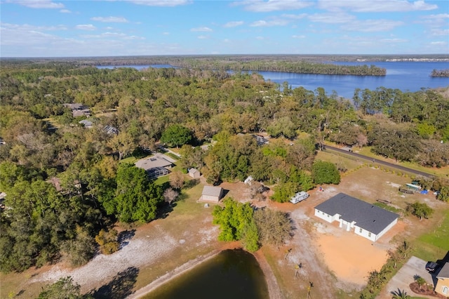 drone / aerial view with a view of trees and a water view