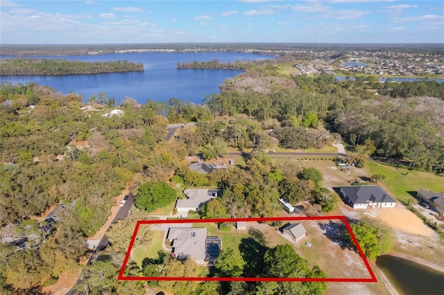 aerial view featuring a forest view and a water view