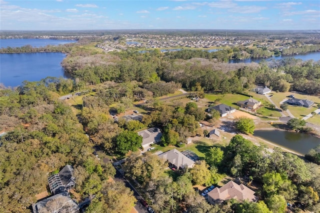 drone / aerial view with a view of trees and a water view