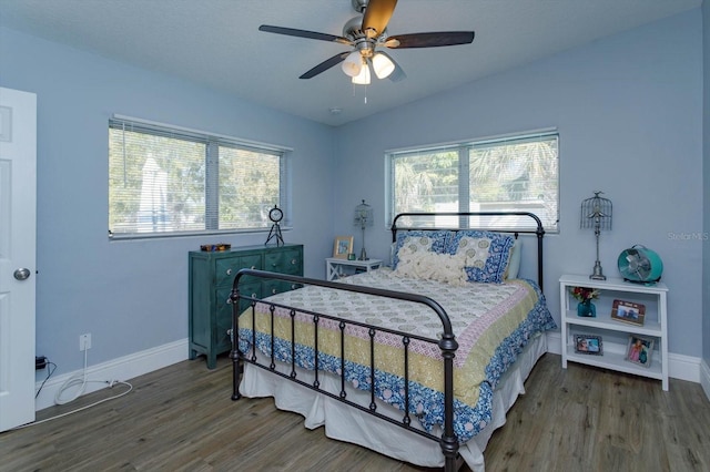 bedroom with multiple windows, lofted ceiling, and wood finished floors