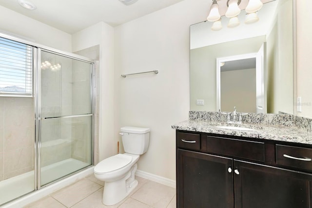 bathroom featuring tile patterned flooring, a shower stall, toilet, and vanity