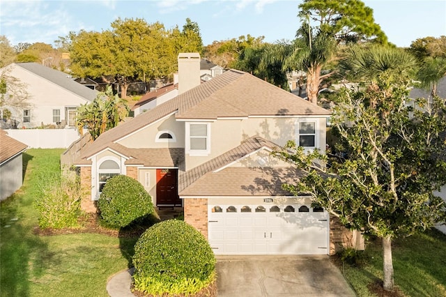 traditional-style home with roof with shingles, stucco siding, concrete driveway, a garage, and a front lawn