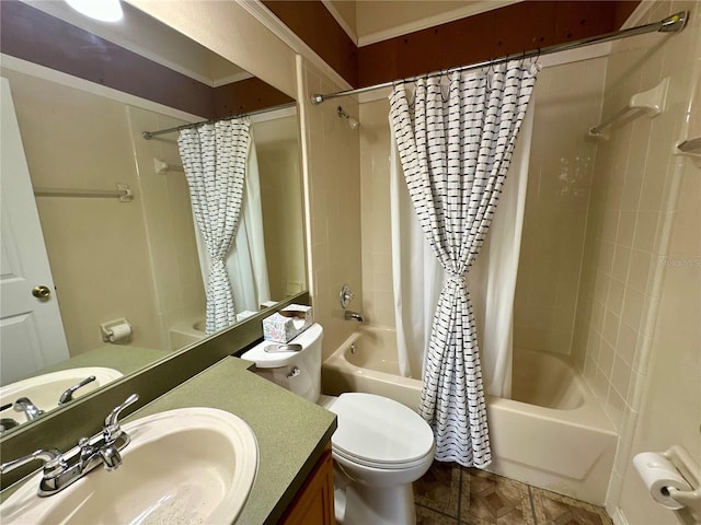 bathroom featuring toilet, shower / bath combination with curtain, and vanity