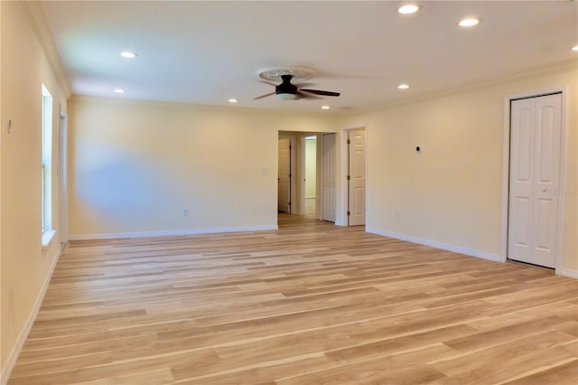 unfurnished room with light wood-type flooring, ornamental molding, recessed lighting, baseboards, and ceiling fan