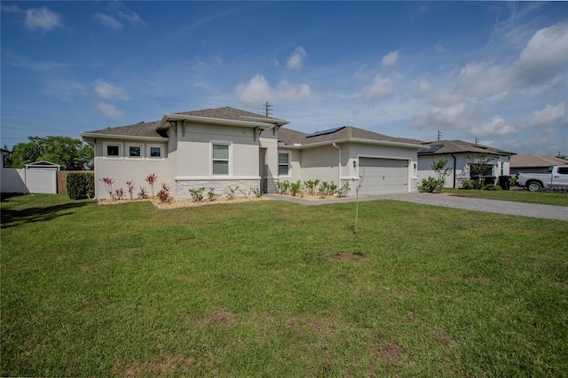 2720 Bancroft Blvd, Orlando, FL 32833 - prairie-style house with stucco siding, driveway, solar panels, a garage, and a front lawn