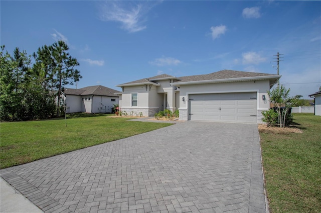 2720 Bancroft Blvd, Orlando, FL 32833 - view of front of house with a front yard, stone siding, stucco siding, decorative driveway, and a garage
