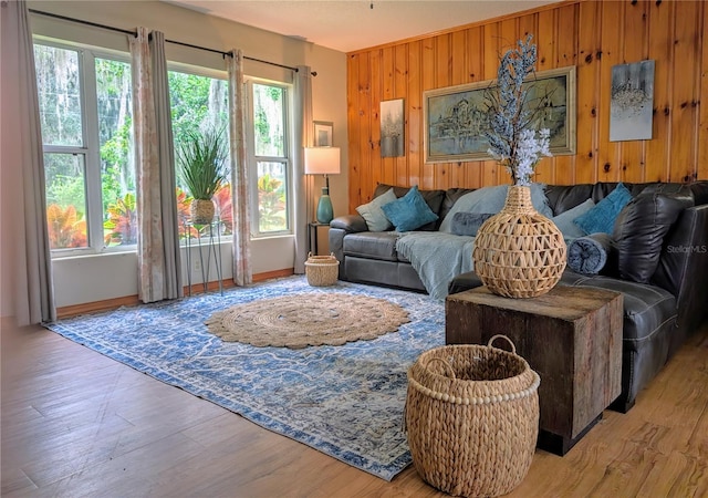 living room with wood walls and wood finished floors