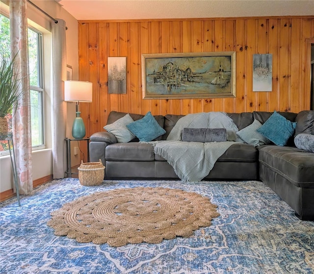 living area with wooden walls and a healthy amount of sunlight