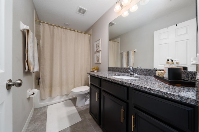 bathroom with visible vents, toilet, shower / tub combo, vanity, and tile patterned floors