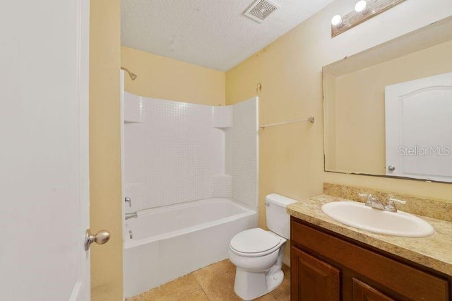 bathroom featuring a textured ceiling, toilet, visible vents, vanity, and washtub / shower combination