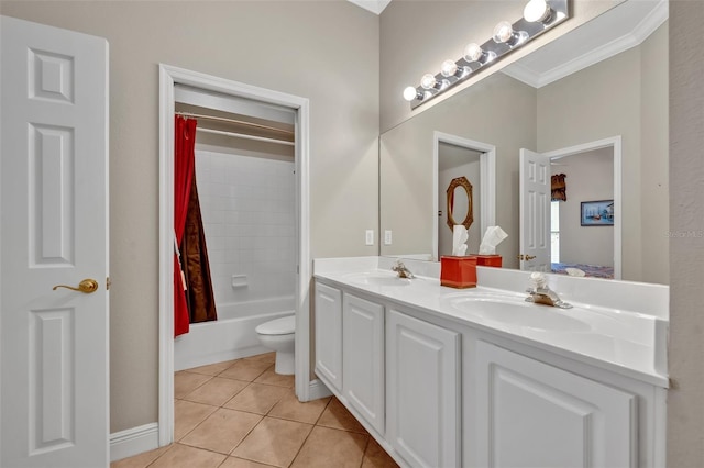 full bath with double vanity, shower / tub combo, tile patterned flooring, and a sink