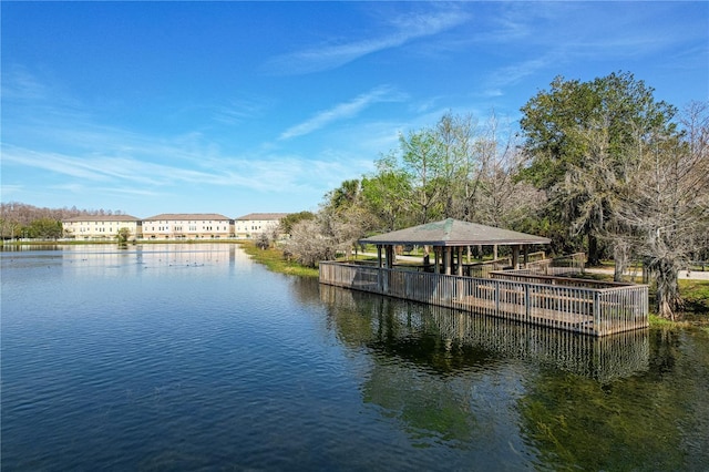 dock area featuring a water view and a gazebo