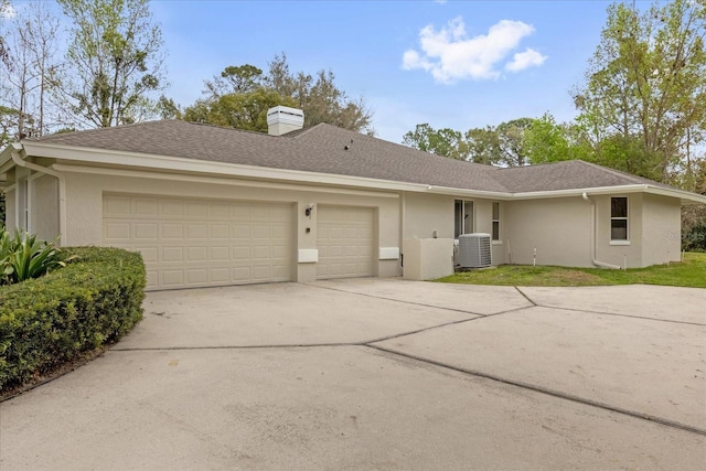 ranch-style home with central AC unit, an attached garage, concrete driveway, roof with shingles, and stucco siding