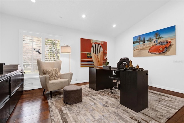 home office with lofted ceiling, baseboards, hardwood / wood-style flooring, and recessed lighting