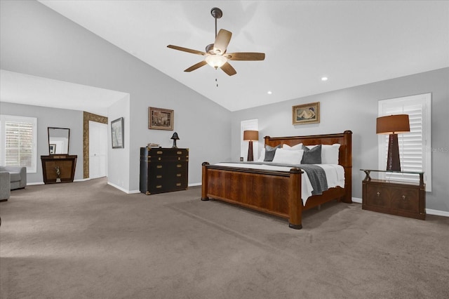 bedroom featuring carpet, recessed lighting, a ceiling fan, high vaulted ceiling, and baseboards