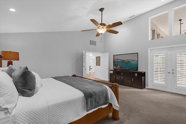 carpeted bedroom with visible vents, a ceiling fan, french doors, high vaulted ceiling, and recessed lighting