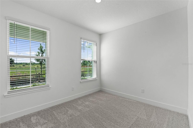 carpeted spare room featuring a textured ceiling and baseboards